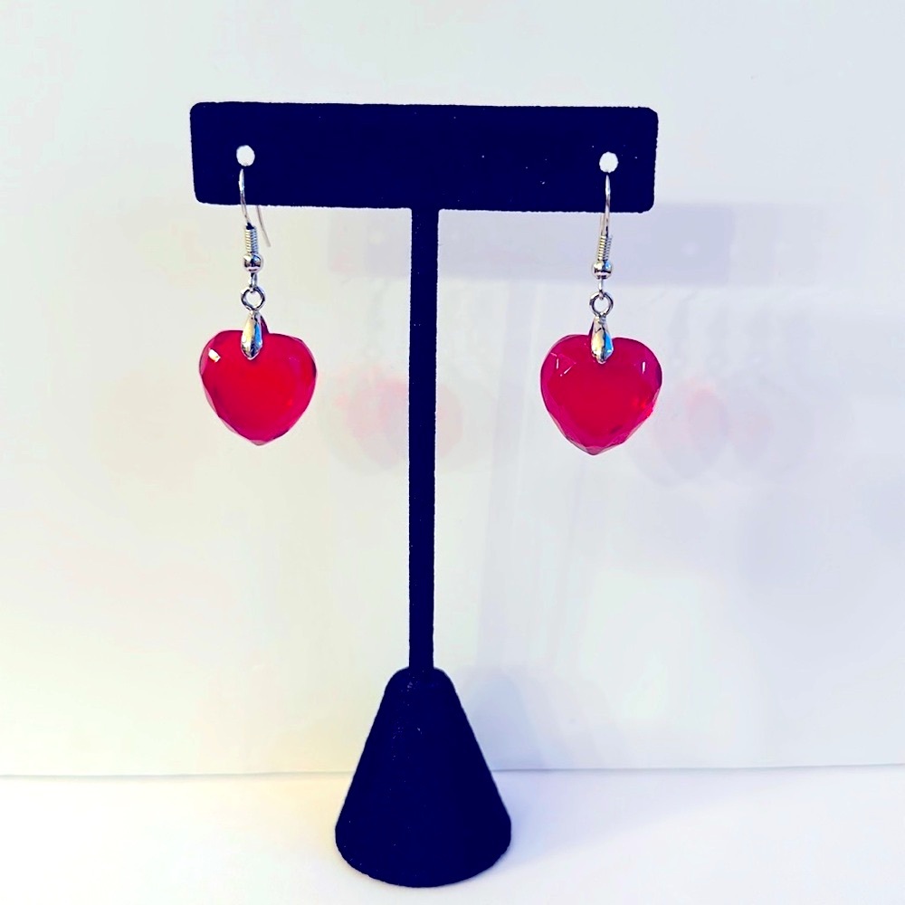 Rosenthal Crystal Red Heart Earrings Faceted Dangle Hearts on Wires